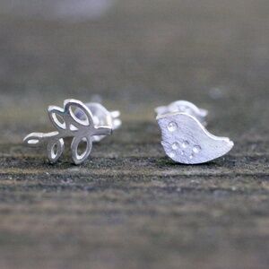 New Sterling Silver Bird Stud Earrings: Olive Branch Design